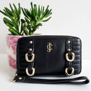Juicy Couture Black Leather Wristlet / Small Zip Around Wallet, Gold Hardware